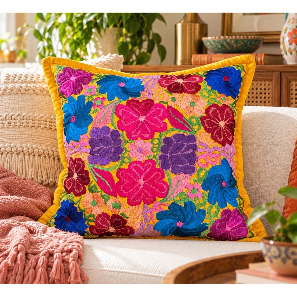 Mexican Otomi Floral Embroidered Throw Pillow 16x16 Yellow Cotton Boho Decor
